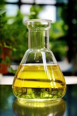 Eco-friendly biofuel contained in a laboratory flask, E-Fuel concept
