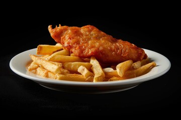 A plate of fish and chips against a black background with studio lighting in a high resolution commercial photography style.