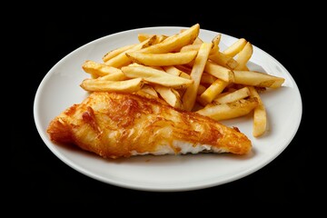 A white plate with fish and chips, isolated on black background.