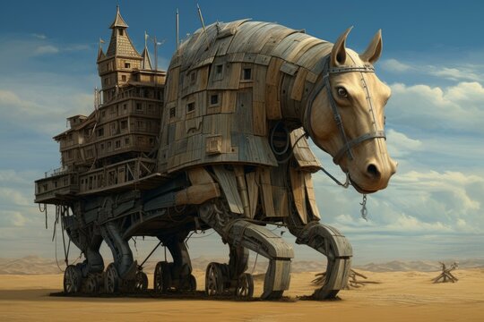 Deceptive Trojan horse. Troy horse travel. Generate Ai