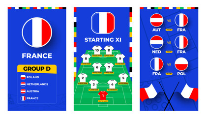 France team football 2024 vertical banner set for social media. europe Football 2024 banner set with group, pin flag, match schedule and line-up on soccer field.