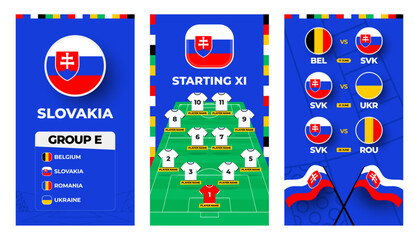 Slovakia team football 2024 vertical banner set for social media. europe Football 2024 banner set with group, pin flag, match schedule and line-up on soccer field.