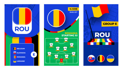 Romania Football team 2024 vertical banner set for social media. europe Football 2024 banner with group, pin flag, match schedule and line-up on soccer field.