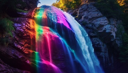 A luminous waterfall cascading down a rocky cliff, its waters tinted with a spectrum of vibrant...