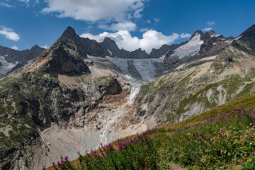 View of the Aiguille de Leschaux, Aiguille de Talèfre, Aiguille de Triolet from the Grand Col Ferret