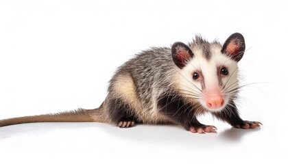 Young Virginian opossum or possum - Didelphis virginiana - a nocturnal mammal marsupial with a pouch, isolated on a white background and looks at the camera.