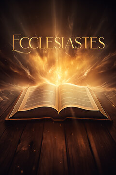 Book of Ecclesiastes. Open glowing Bible set on wood. Rays of golden light emanating from the book. Ideal for bible studies, religious meetings, intros, and much more. Vertical with copy space.