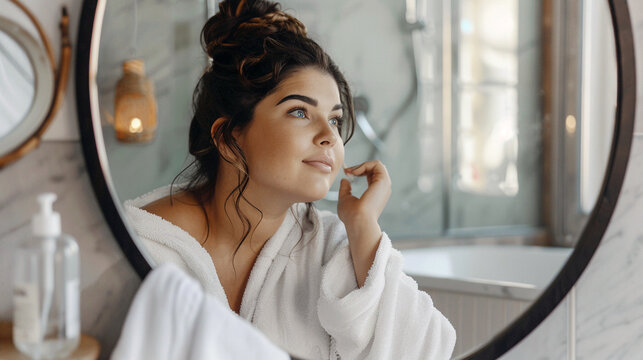 Retrato de mujer modelo con albornoz  enfrente de un espejo redondo para tratamiento facial. Persona joven mir&aacute;ndose al espejo en un cuarto de ba&ntilde;o.
