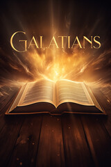 Book of Galatians. Open glowing Bible set on wood. Rays of golden light emanating from the book. Ideal for bible studies, religious meetings, intros, and much more. Vertical with copy space.