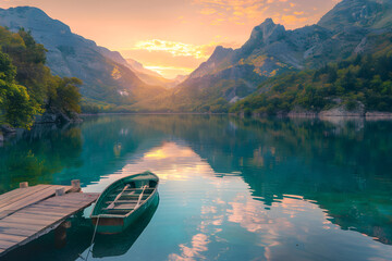 Stunning Dusk Over Tranquil Lake with Mountainous Backdrop
