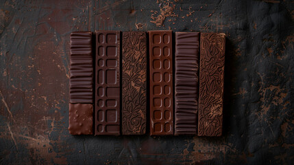 A creative flat lay of chocolate bars arranged in a pattern on a textured dark background 