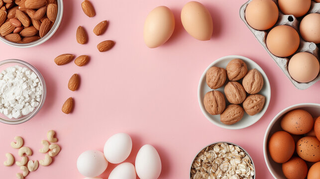 A collection of common allergens: pet dander, tree nuts, eggs, isolated on a light pink background 