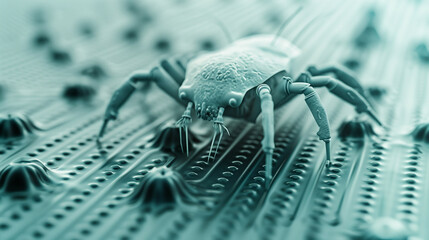 Conceptual image of a dust mite with digital effects, making it look robotic, on a metal gradient background 