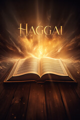 Book of Haggai. Open glowing Bible set on wood. Rays of golden light emanating from the book. Ideal for bible studies, religious meetings, intros, and much more. Vertical with copy space.