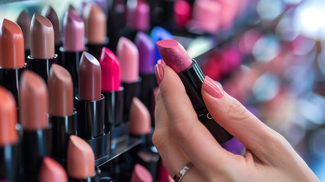 Closeup of hands selecting a lipstick from a cosmetic shop display, detailed texture of the product 