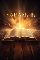 Book of Habakkuk. Open glowing Bible set on wood. Rays of golden light emanating from the book. Ideal for bible studies, religious meetings, intros, and much more. Vertical with copy space.