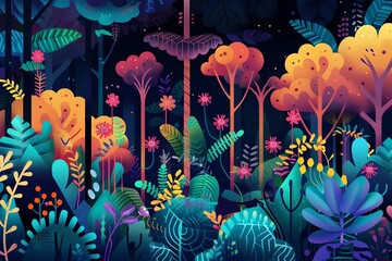 Create a vibrant and colorful vector illustration of a lush rainforest with a variety of plants and flowers