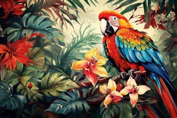 Fototapeta premium Vibrant parrot amidst lush foliage and blossoming flowers