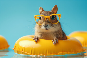 Chipmunk in sunglasses floating on a yellow inflatable. Generative AI image