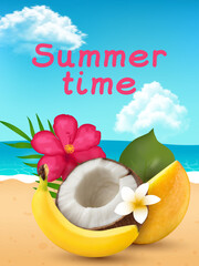 summer poster with beach and tropical fruits, summer time