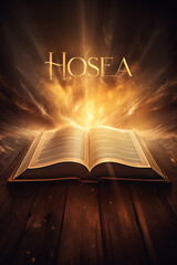 Book of Hosea. Open glowing Bible set on wood. Rays of golden light emanating from the book. Ideal for bible studies, religious meetings, intros, and much more. Vertical with copy space.