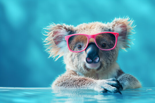 Funny koala wearing pink sunglasses in a pool. Generative AI image