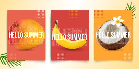 set of summer posters with tropical fruits, hello summer