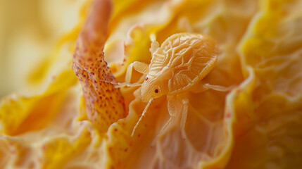 Mite on a petal, macro shot with intense focus on texture and natural colors 