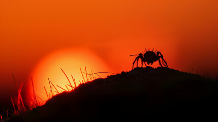 Mite silhouette at sunset, dramatic orange and red sky in the background 