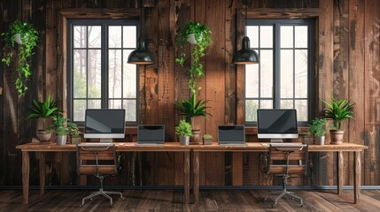 Wooden coworking interior with pc computers on desks in row, window. Mockup wall realistic