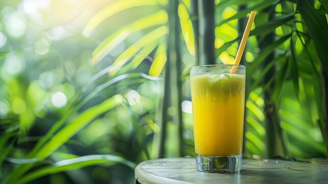  Cuban guarapo juice in a glass, sugar cane background 