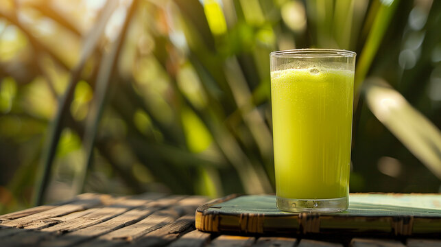  Cuban guarapo juice in a glass, sugar cane background 