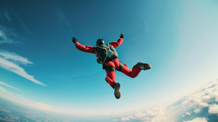 Person skydiving, exhilarating expression of freedom, blue sky 