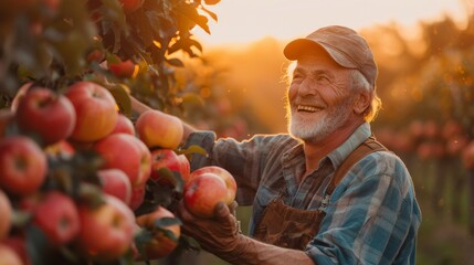 An elderly person with a bright smile harvesting ripe apples in an orchard bathed in golden sunlight