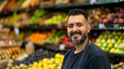 Portrait of a seller at fruit shop, blurred shelves in the background 