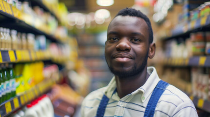Fototapeta premium Portrait of a seller at milk shop, blurred shelves in the background 