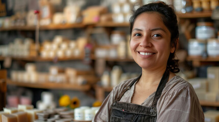 Portrait of a seller at soap shop, blurred shelves in the background 