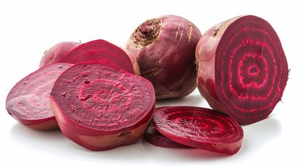 Naklejka premium On a pristine white background, vibrant red beetroot and slices are displayed, with clipping paths included for easy editing.