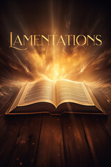 Book of Lamentations. Open glowing Bible set on wood. Rays of golden light emanating from the book. Ideal for bible studies, religious meetings, intros, and much more. Vertical with copy space.