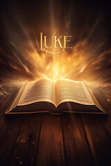 Book of Luke. Open glowing Bible set on wood. Rays of golden light emanating from the book. Ideal for bible studies, religious meetings, intros, and much more. Vertical with copy space.
