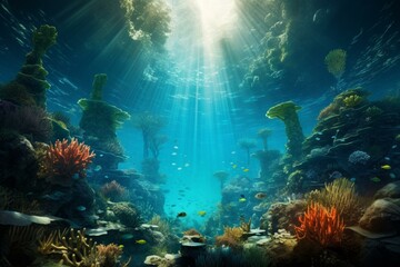 Tranquil underwater scene featuring vibrant coral reefs and marine life bathed in sunlight
