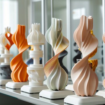 An assortment of 3D printed objects sit on a shelf.