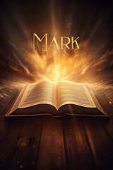 Book of Mark. Open glowing Bible set on wood. Rays of golden light emanating from the book. Ideal for bible studies, religious meetings, intros, and much more. Vertical with copy space.