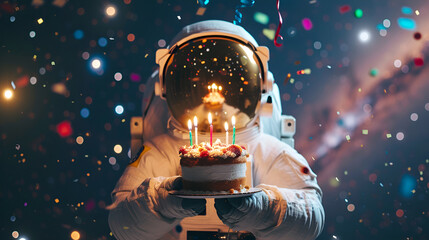 An astronaut grasps a birthday cake adorned with burning candles in outer space