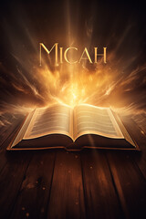 Book of Micah. Open glowing Bible set on wood. Rays of golden light emanating from the book. Ideal for bible studies, religious meetings, intros, and much more. Vertical with copy space.