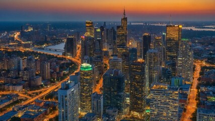 Breathtaking view of cityscape captured during golden hour. Setting sun casts warm glow over skyline, highlighting architectural marvels.