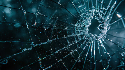 Broken glass on dark background with hole
