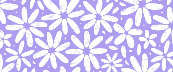 Groovy flower seamless pattern, spring floral background, grunge chamomile print, cute summer daisy pastel purple textile. Abstract naive violet and white vector illustration