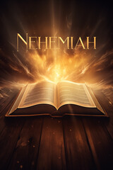 Book of Nehemiah. Open glowing Bible set on wood. Rays of golden light emanating from the book. Ideal for bible studies, religious meetings, intros, and much more. Vertical with copy space.