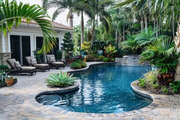 Obraz premium Luxurious backyard with a curved swimming pool and tropical landscaping